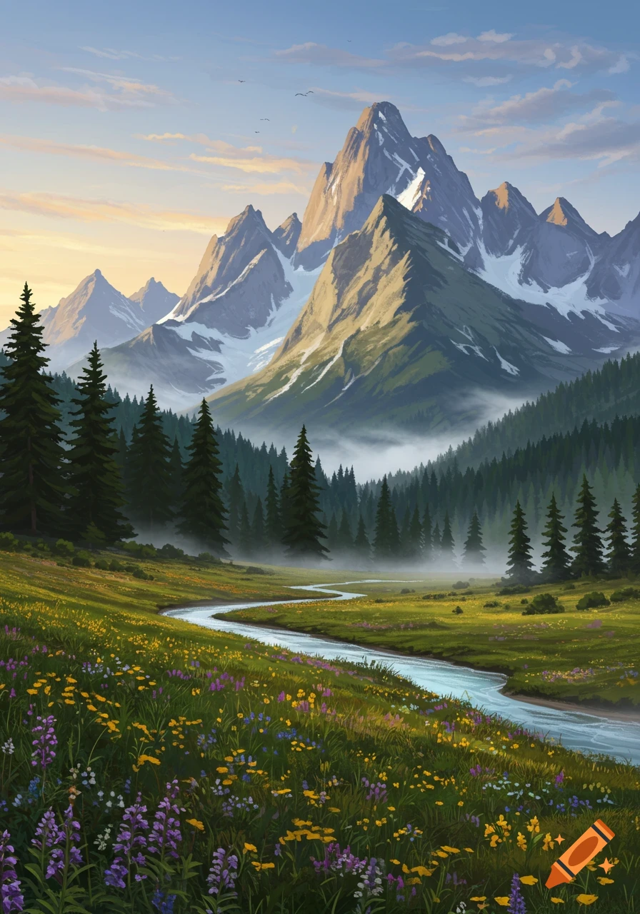 Vivid digital painting: A river winds through a wildflower meadow and pine forest, with majestic snow-capped mountains under a warm sky.