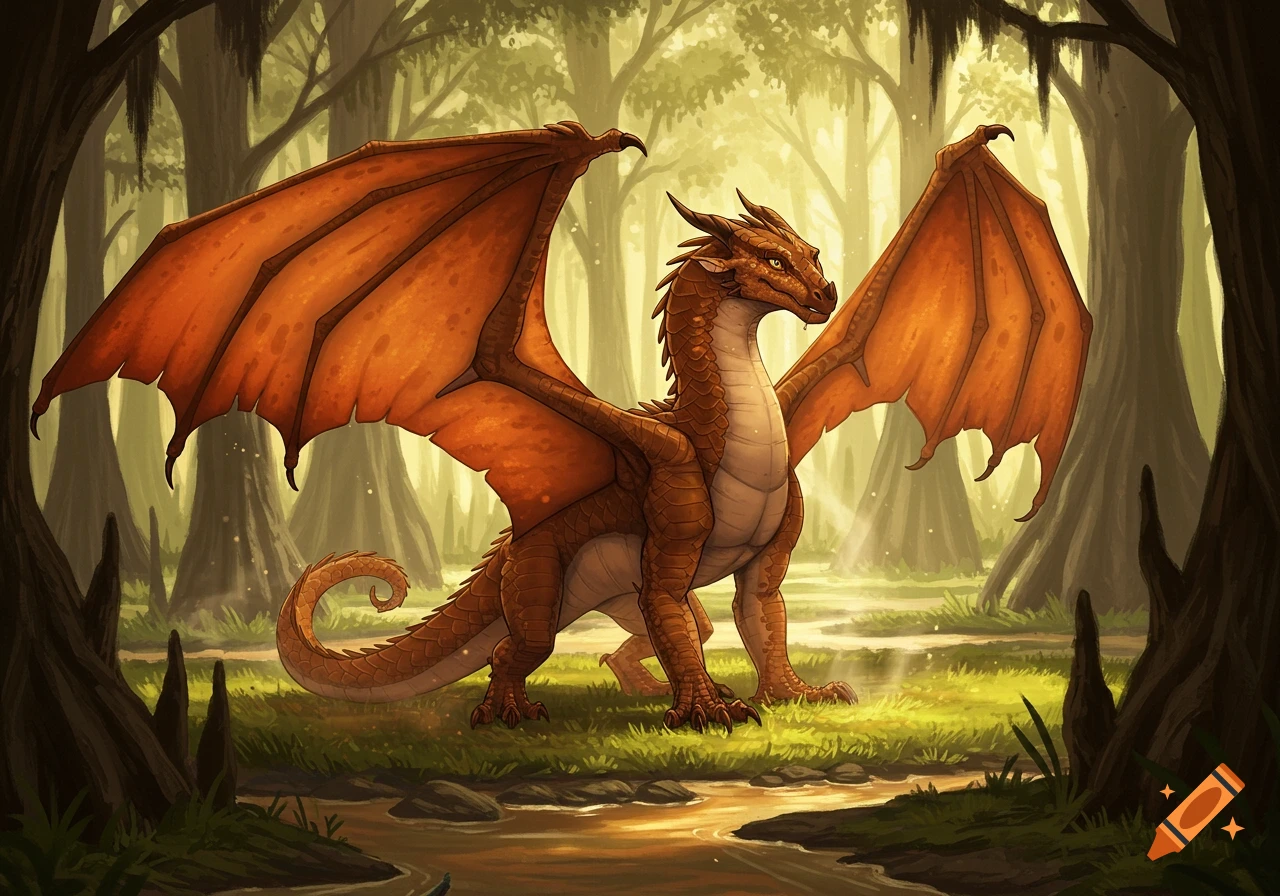 A brown dragon with large orange wings stands in a lush, sunlit forest with a stream in the foreground.