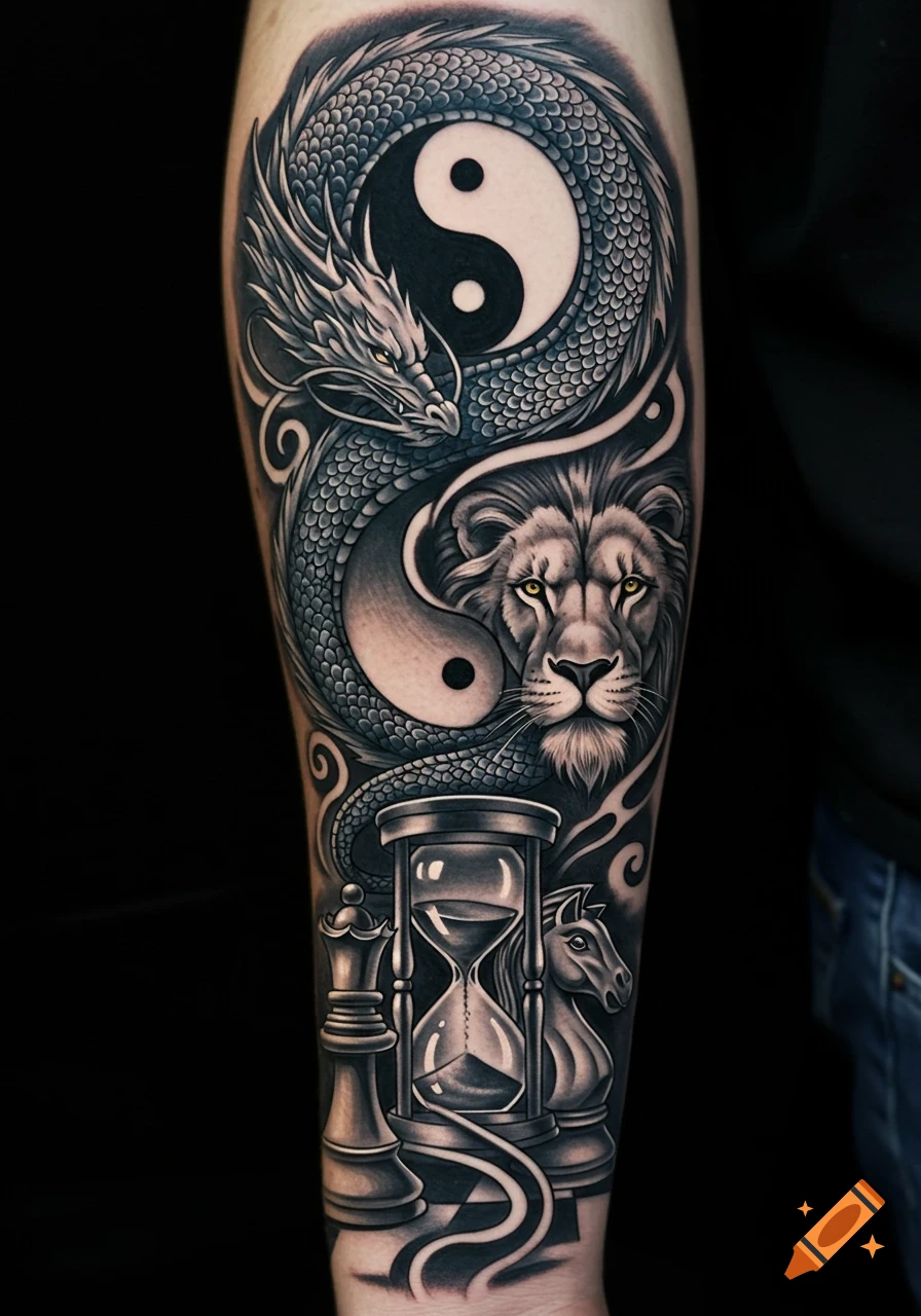 A detailed black and grey forearm tattoo featuring a dragon, yin-yang, lion, hourglass, and chess pieces.
