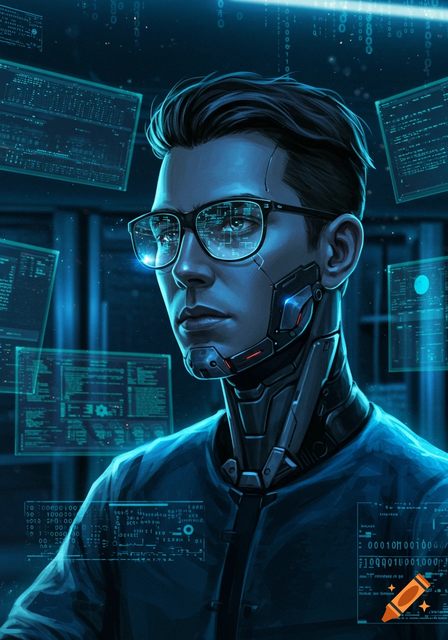A futuristic digital art portrait of a man with cybernetic neck implants and glasses, surrounded by glowing blue holographic screens with code.