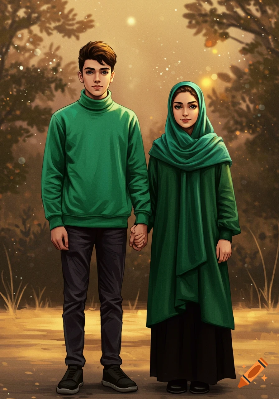 An illustrated young couple, a man in a green turtleneck and a woman in a green hijab and dress, holding hands in a park.