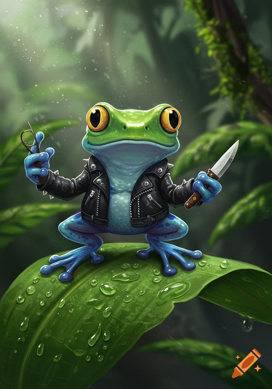 A cartoon green and blue tree frog wearing a black leather jacket, holding a small knife and a pair of scissors, sitting on a leaf in a jungle.