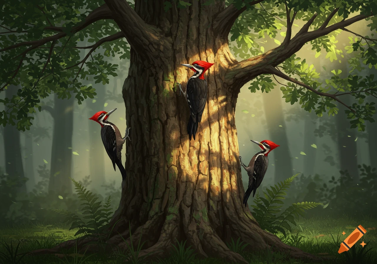 Three woodpeckers cling to the trunk of a large, sun-dappled tree in a lush green forest, in an illustration style.