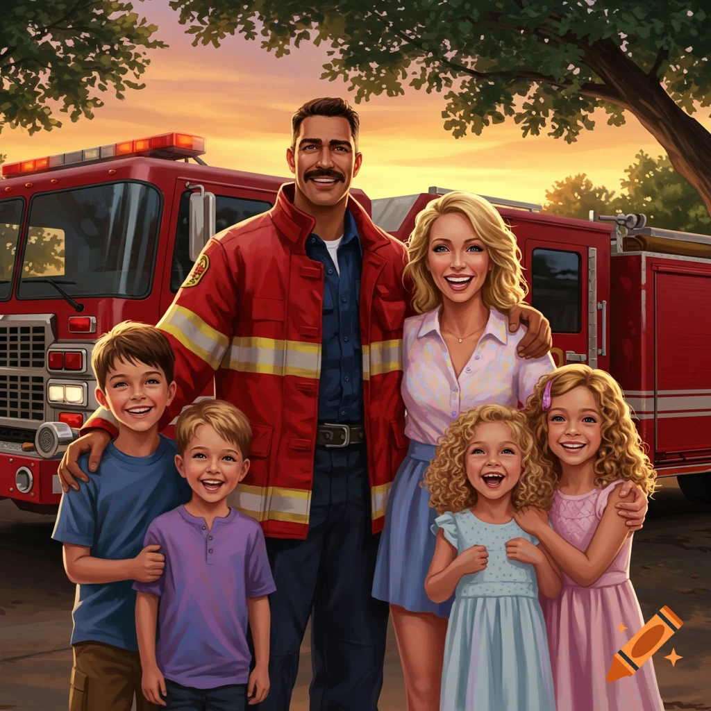 A happy family, with a firefighter father, his wife, two sons, and two daughters, pose in front of a red fire truck at sunset.