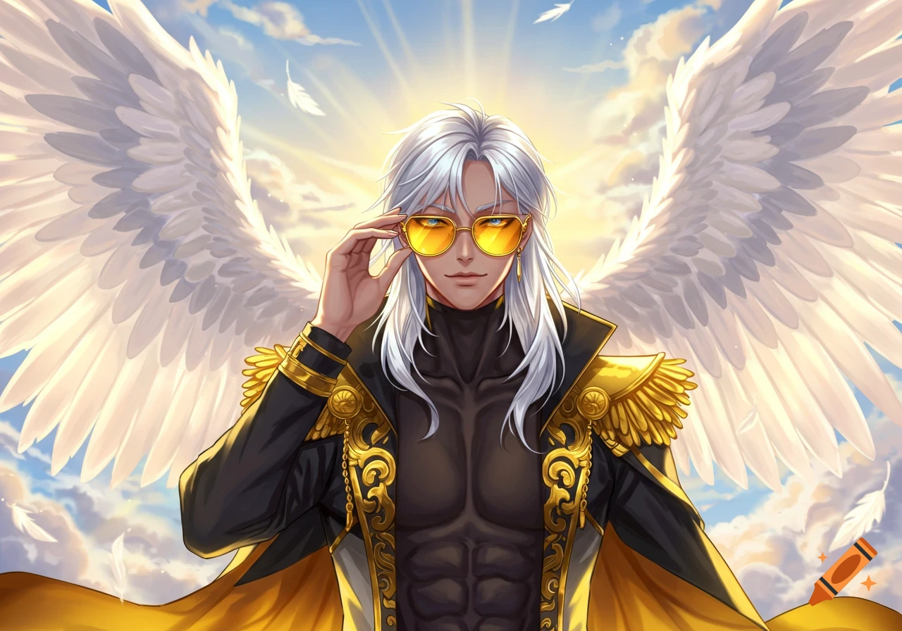 Anime style male character with white hair, golden sunglasses, black and gold clothing, and large white wings, against a bright sky.