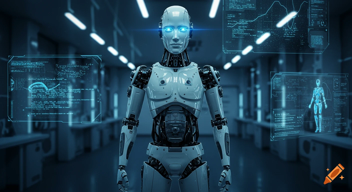 A humanoid robot with glowing blue eyes stands in a futuristic lab with holographic data displays floating around it. Photorealistic style.