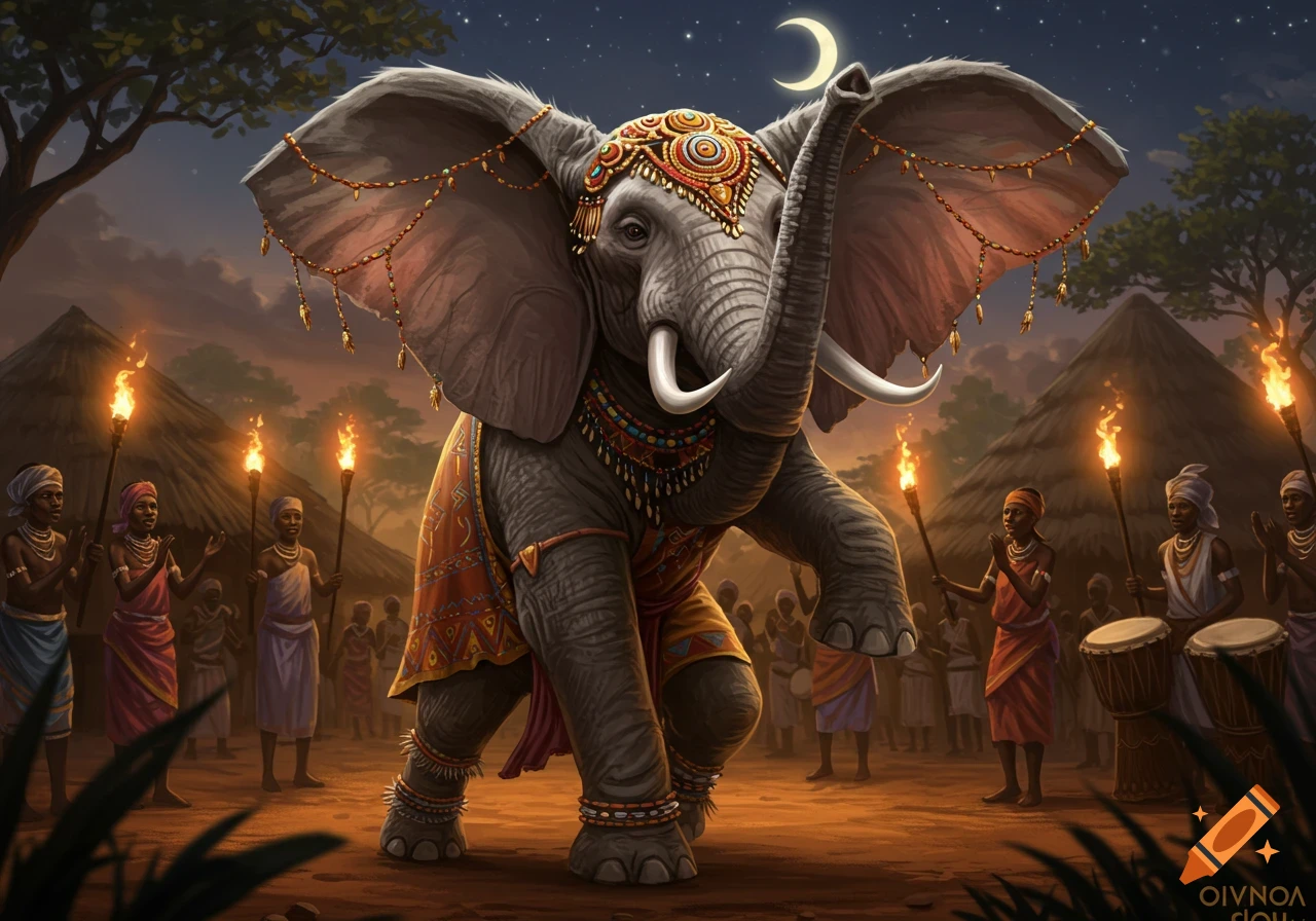 An elaborately adorned elephant with trunk raised, surrounded by villagers holding torches under a crescent moon at night.