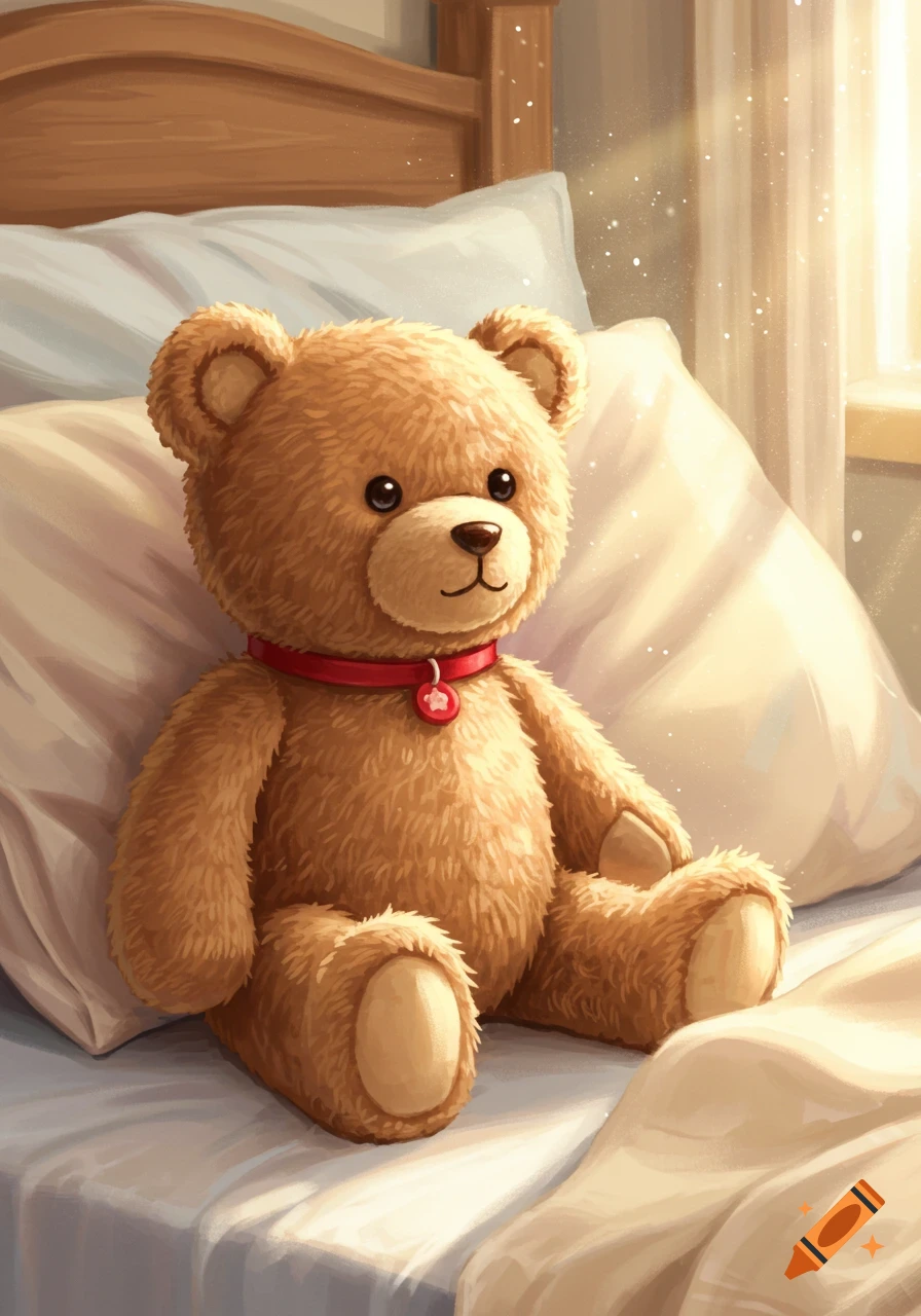 A cute teddy bear with a red collar sits on a bed, illuminated by warm sunlight in an illustration style.
