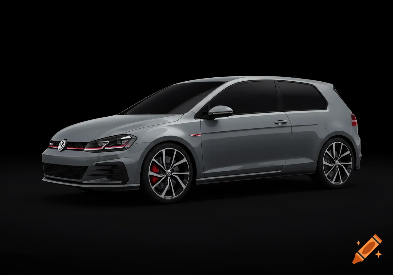A gray Volkswagen Golf GTI TCR viewed from the side, isolated on a dark background with its headlights on.