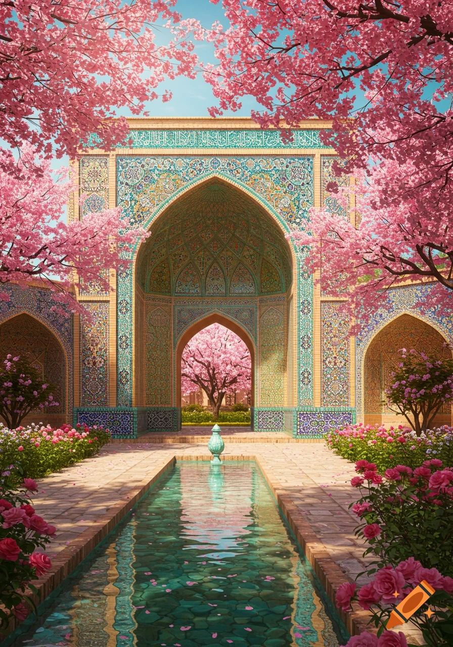 A grand, ornate archway with intricate turquoise tiles and pink cherry blossoms framing a courtyard with a water canal.