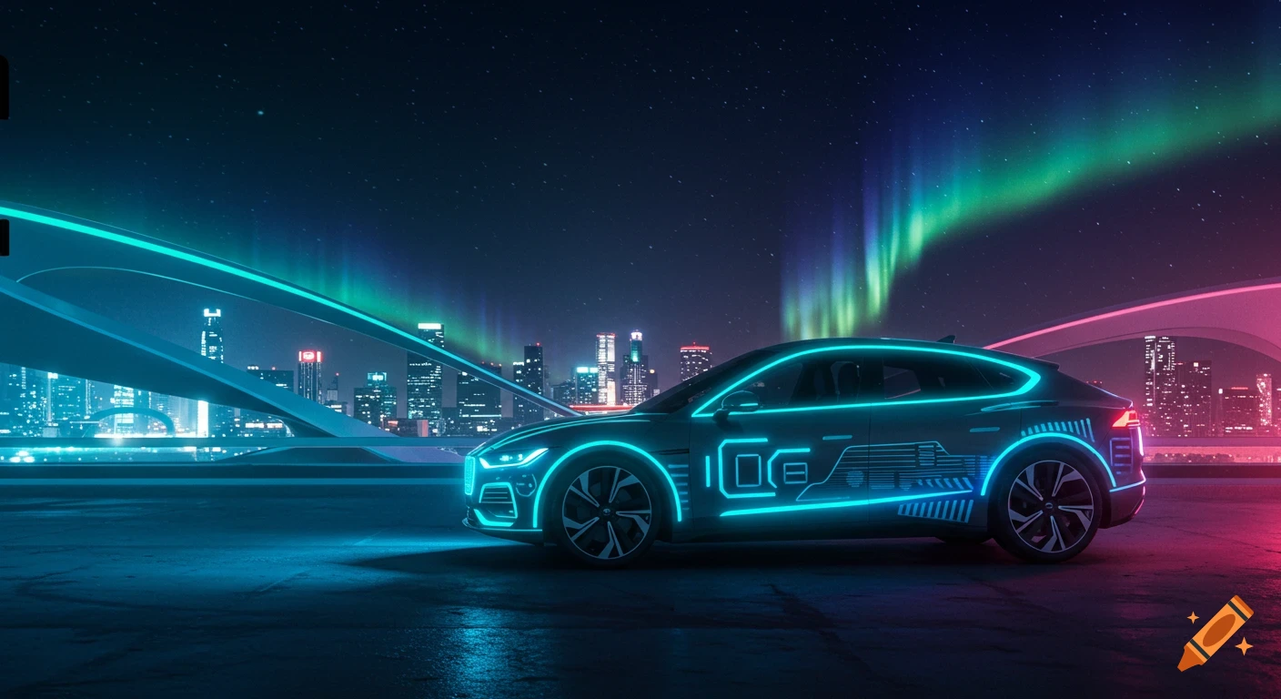 A sleek, glowing electric car parked at night with a futuristic city skyline and aurora borealis in the background.