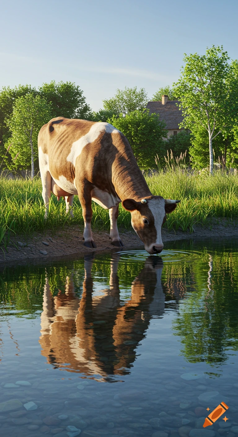 A brown and white cow drinks from a calm village lake, surrounded by green trees and grass, with clear reflections on the water, in a realistic cinematic style.