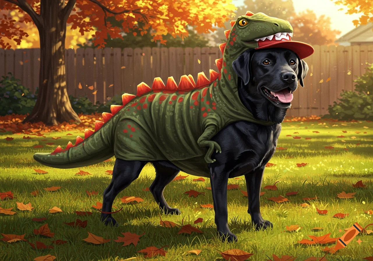 A black labrador in a green dinosaur costume and red baseball cap stands in a grassy yard filled with autumn leaves.
