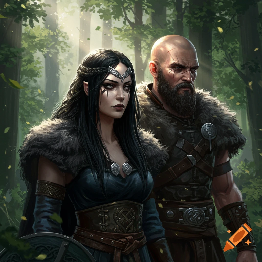 A realistic fantasy art portrait of a Viking warrior queen and her bald, bearded husband in a sunlit forest.