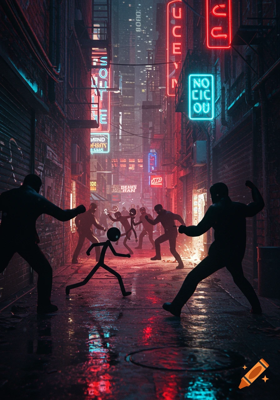 Stylized image of stick figures fighting human silhouettes in a dark, wet alleyway lit by numerous red and blue neon signs, in a cyberpunk style.
