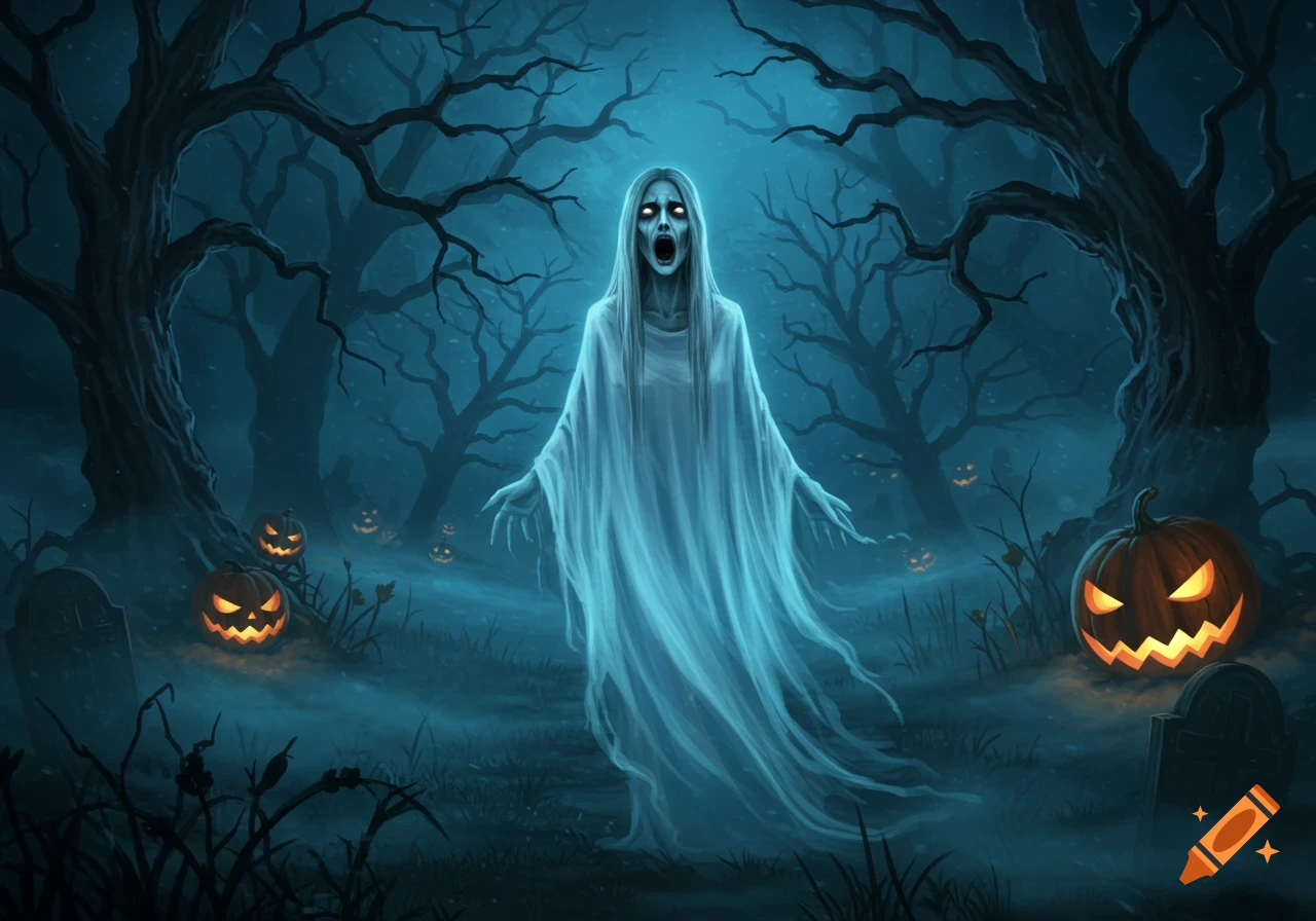 A ghostly figure with glowing eyes screams in a misty, dark forest with glowing jack-o'-lanterns and twisted trees.