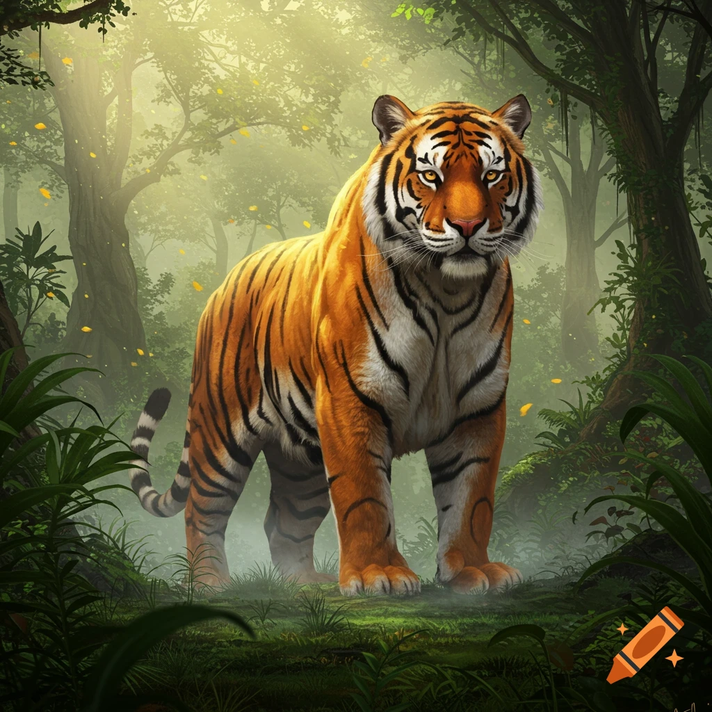 A majestic, muscular tiger stands regally in a misty, sun-dappled jungle, looking directly at the viewer.