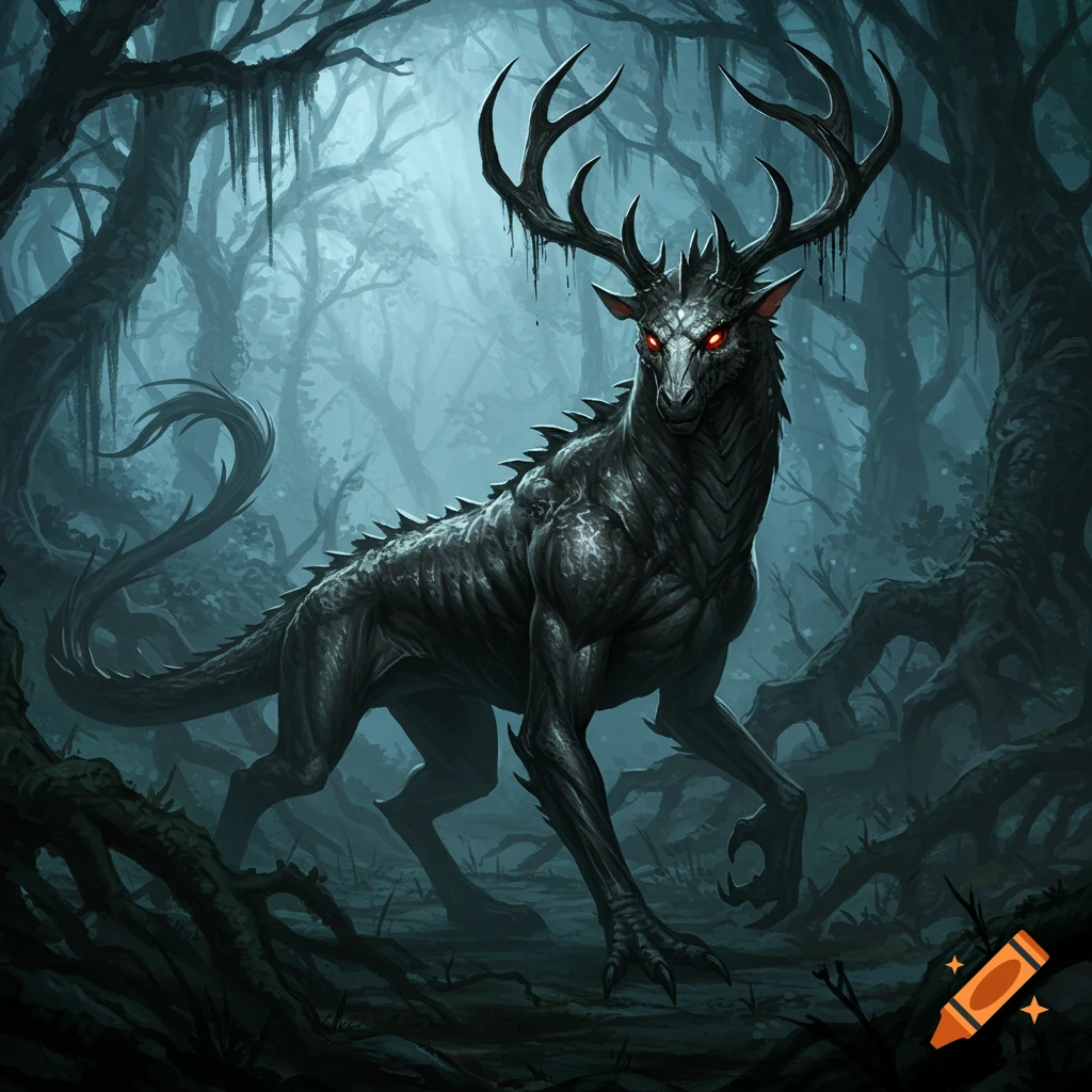 A dark, monstrous deer-like creature with glowing red eyes and antlers in a foggy, eerie forest, in dark fantasy art style.