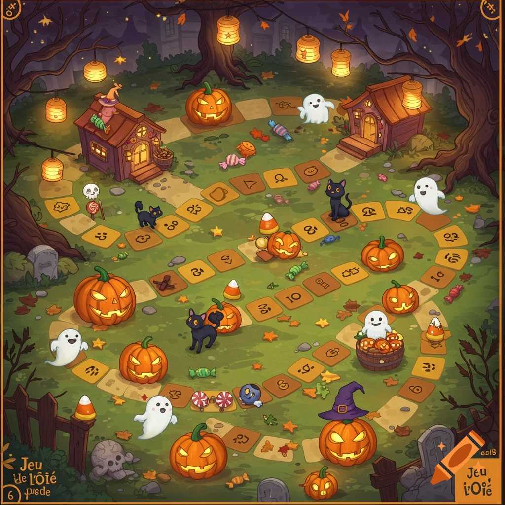 A whimsical Halloween-themed board game set in a spooky landscape with pumpkins, ghosts, black cats, and candy scattered on a winding path, featuring small houses and glowing lanterns.