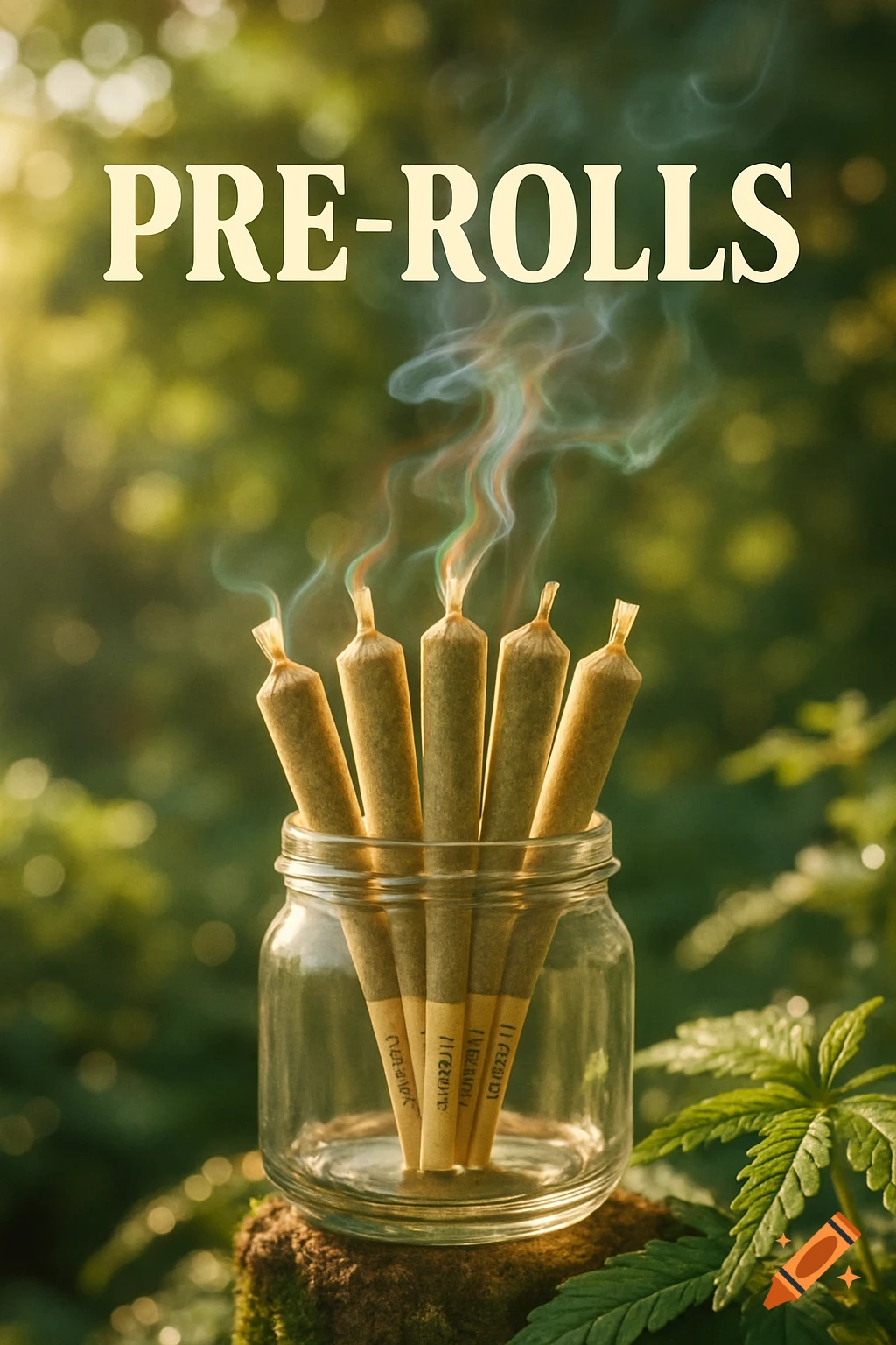 Close-up of five cannabis pre-rolls in a glass jar, some smoking, with a cannabis leaf in the foreground and blurred greenery in the background. The text "PRE-ROLLS" is at the top.