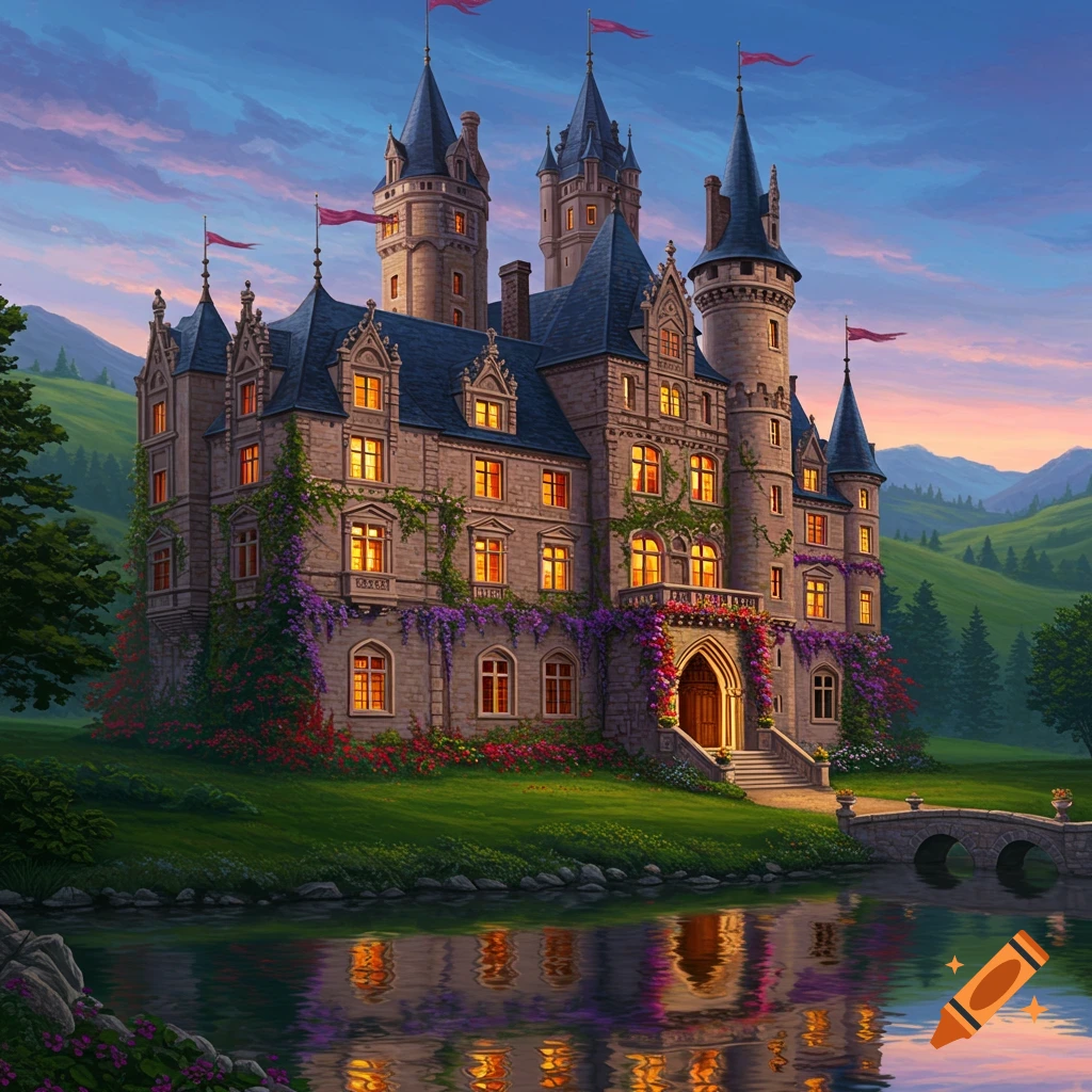 A majestic castle illuminated at twilight, with warm lights glowing from its windows, reflected in a serene lake. Lush green hills and mountains rise behind it under a colorful sky.