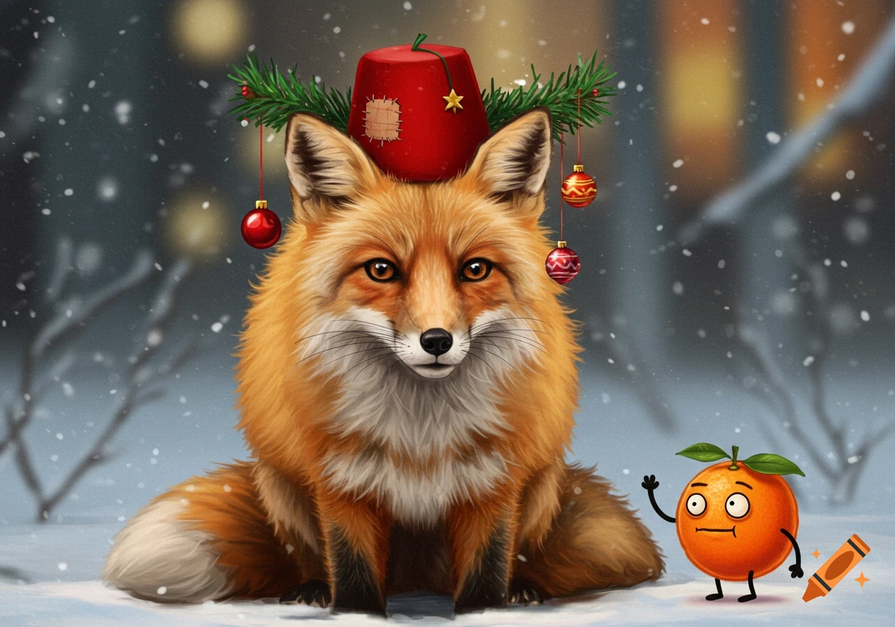 A cute fox wearing a red fez decorated with pine needles and Christmas ornaments sits in the snow next to a waving cartoon orange.