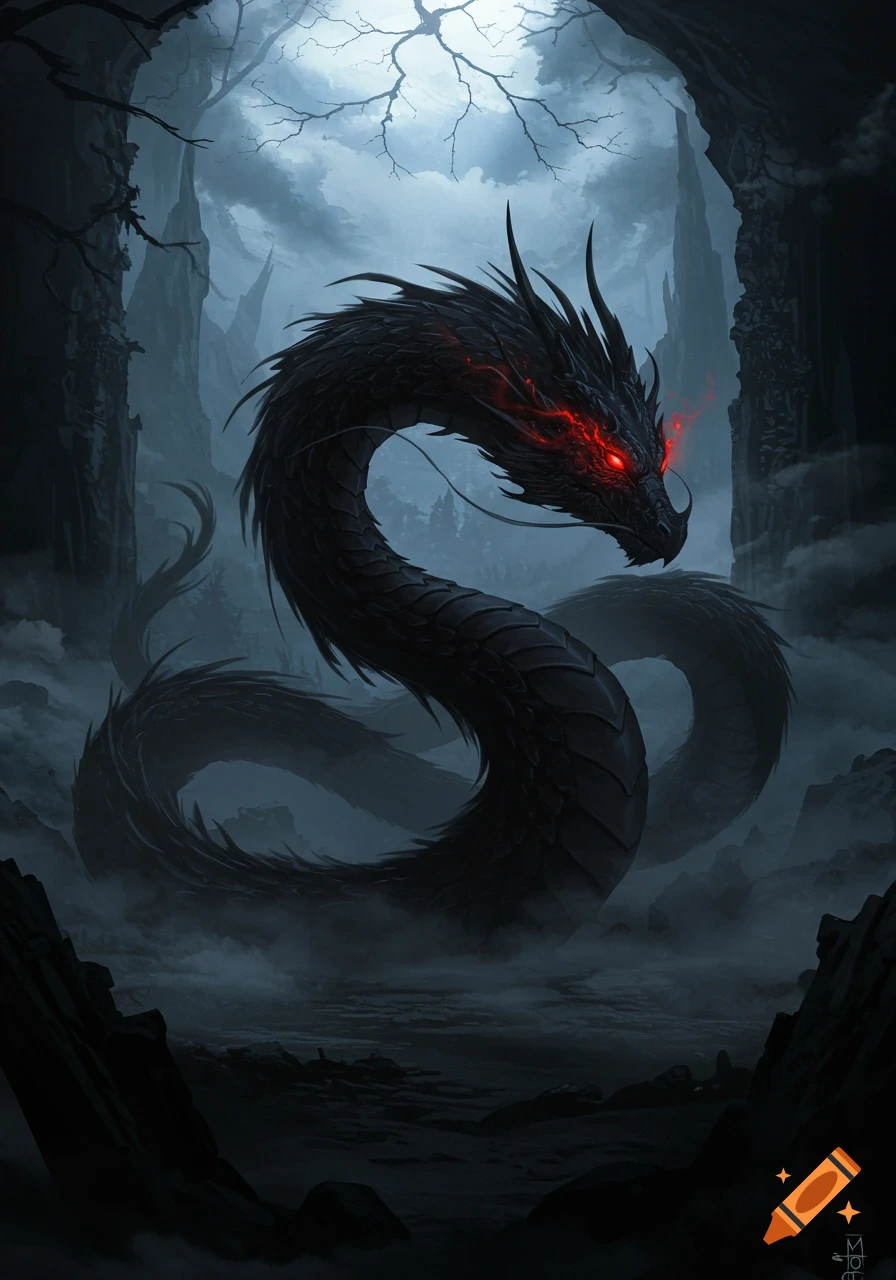 A majestic black dragon with glowing red eyes emerges from dark mist in a foreboding, rocky fantasy landscape under a pale sky.