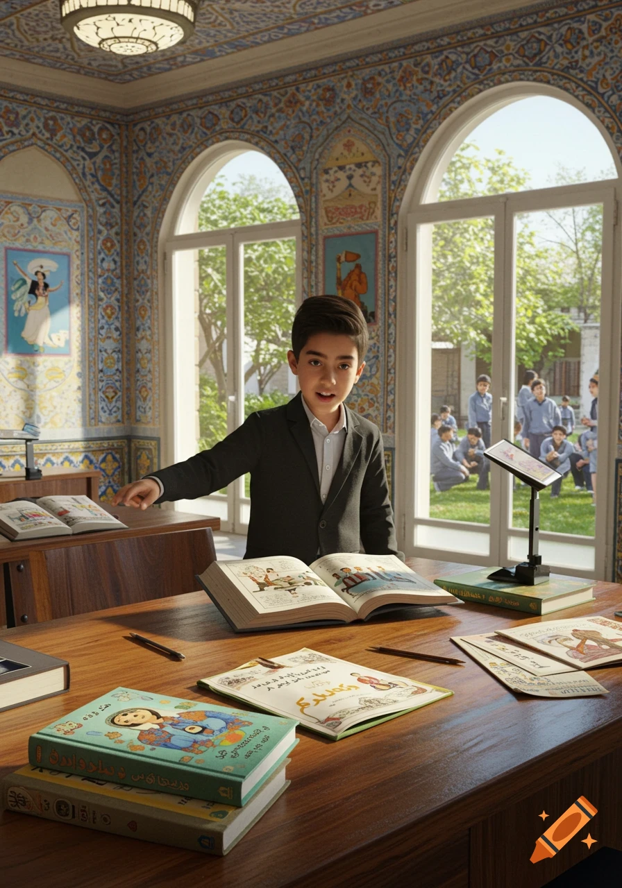 A young boy in a suit stands at a wooden desk with open books, pointing. Persian-style architecture and students outside are in the background.