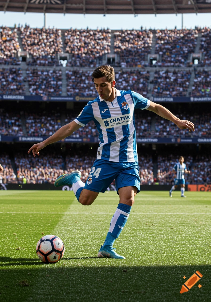 A photorealistic image of a male soccer player in a blue and white striped jersey kicking a ball in a stadium.