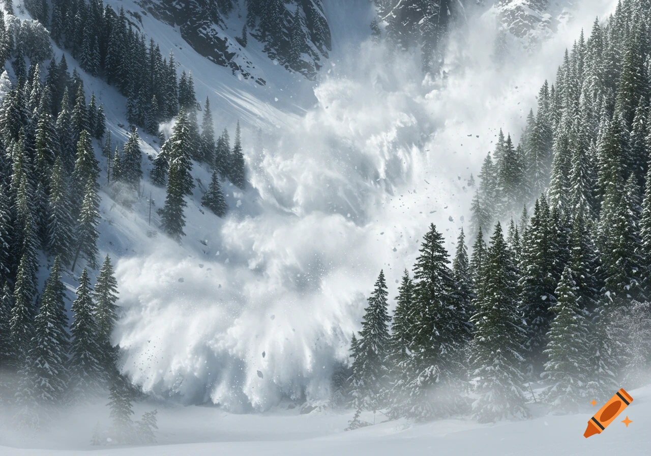 A massive avalanche of snow and ice cascades down a steep, snow-covered mountain slope, surrounded by evergreen trees.