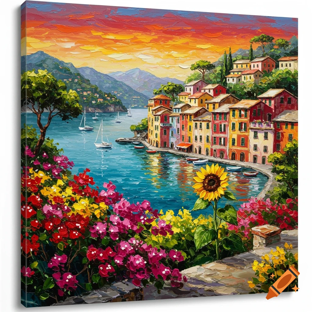 Vibrant impasto painting of a colorful Portofino-like coastal town with houses, boats, flowers, and a sunset sky.