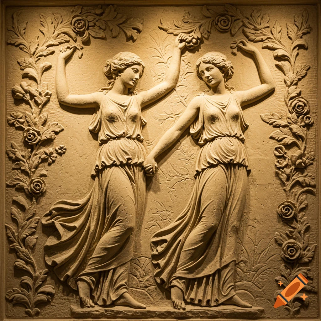 A detailed bas-relief of two robed women in a classical style, holding hands amidst floral carvings.