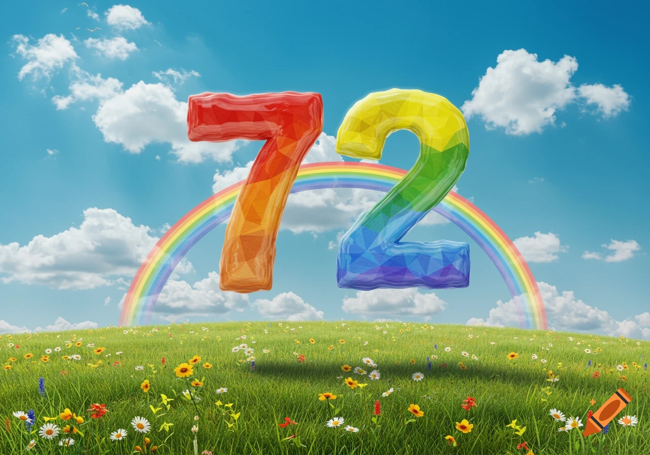 Rainbow-colored numbers 72, with a faceted texture, float above a lush green field filled with wildflowers under a blue sky with fluffy clouds and a bright rainbow.
