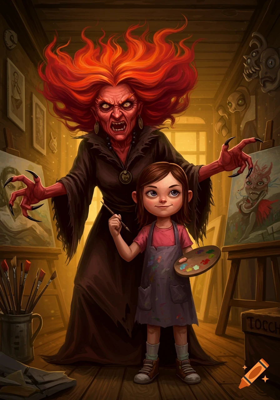 A cartoonish red-skinned witch with fiery hair and claws looms behind a young girl painting in an art studio.
