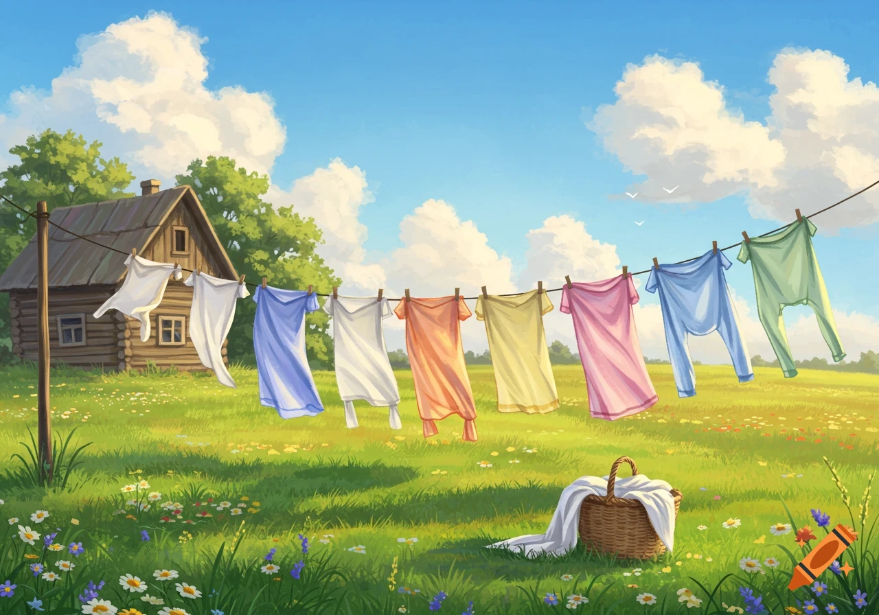 An idyllic illustration of colorful laundry drying on a clothesline in a sunny rural landscape with a wooden house and wildflowers.