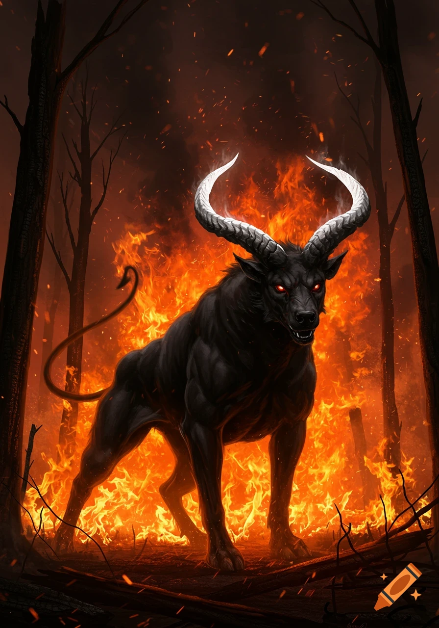 A muscular black hellhound with glowing red eyes and large white horns stands in a fiery forest, digital art.