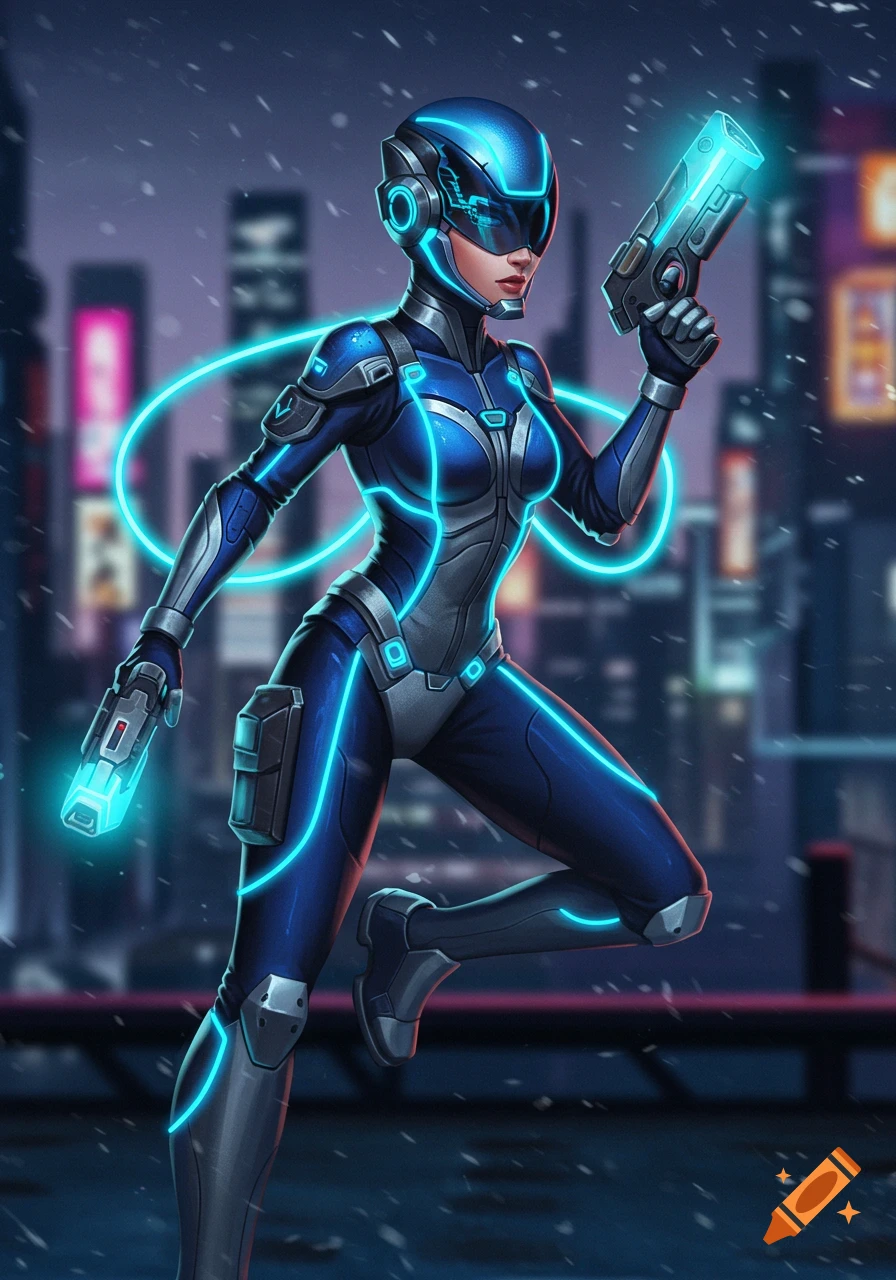 A female speedster in blue and silver futuristic armor with neon glowing lines, helmet, and energy guns, stands on a city rooftop at night, art style.