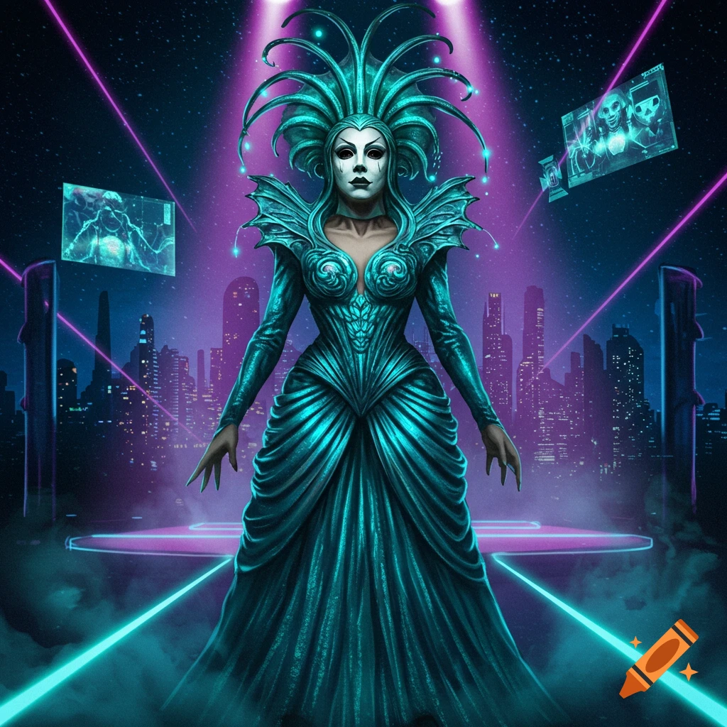 A masked figure in an elaborate teal gown and headdress stands on a neon-lit stage before a futuristic cityscape under purple spotlights.