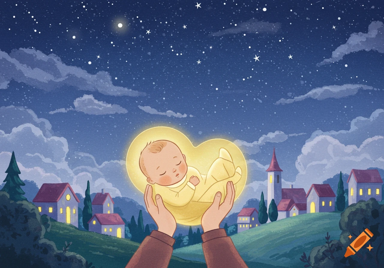 Cartoon watercolor illustration of a newborn baby in glowing golden light, cradled in hands above a peaceful starry village at night.