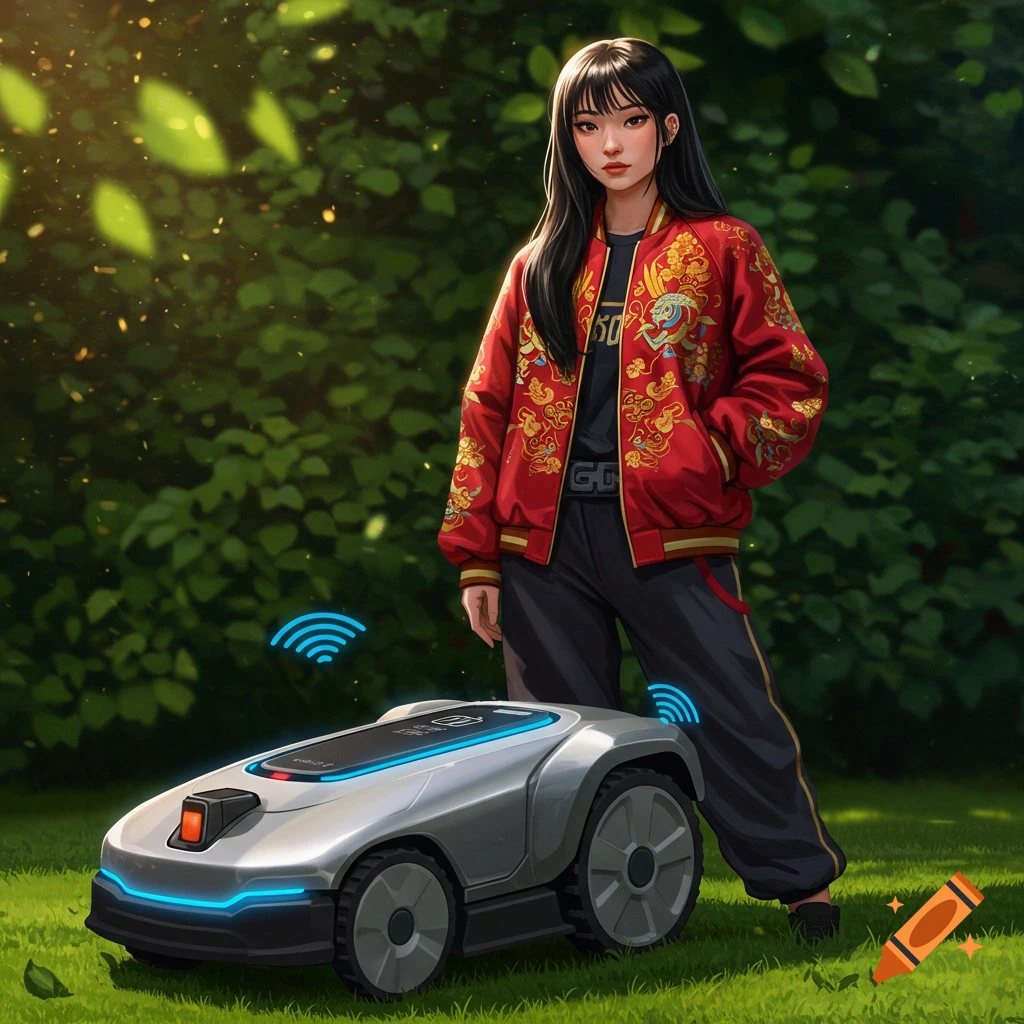 Anime-style Asian girl in a red jacket standing next to a robotic lawnmower in a sunny garden.