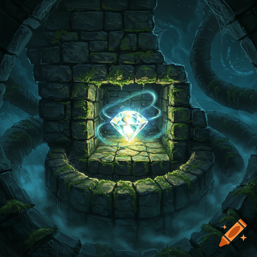 A sparkling, glowing diamond sits in a moss-covered stone nook of an eerie fantasy dungeon.