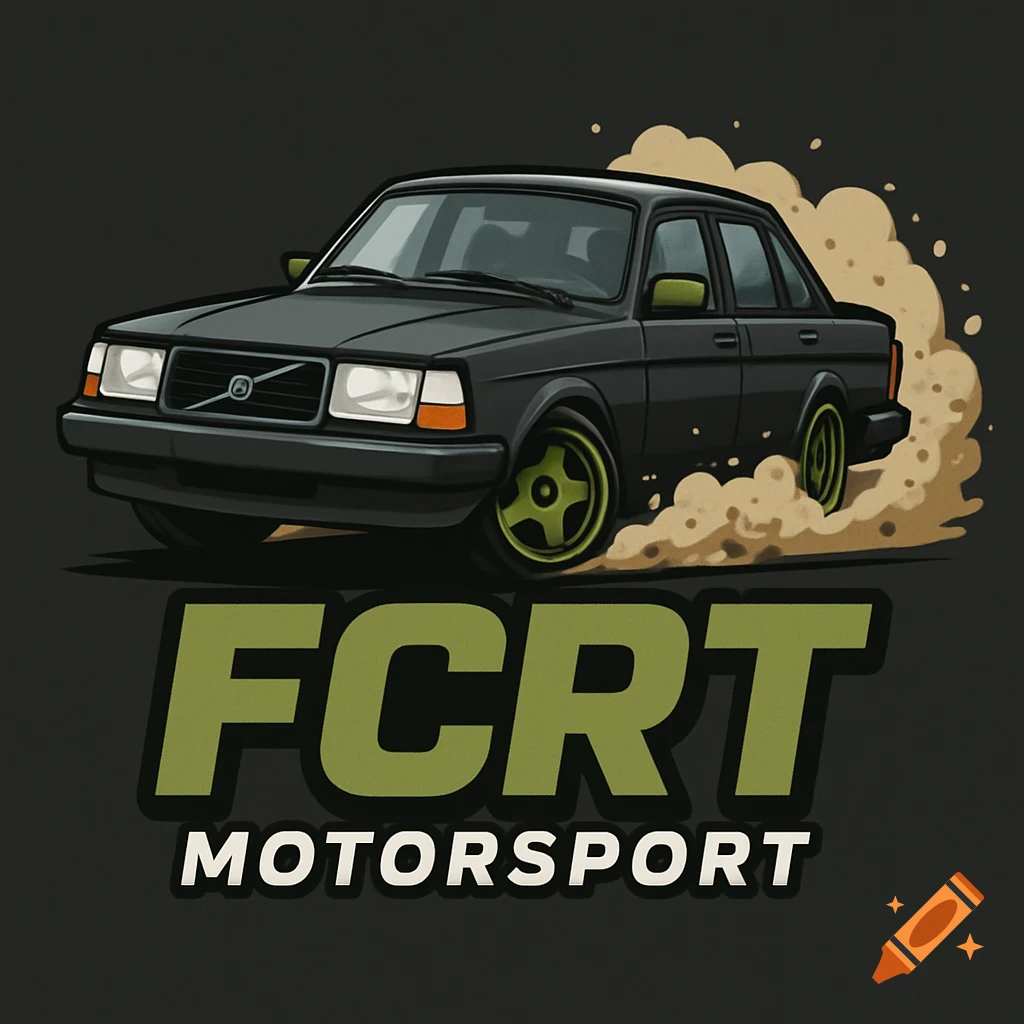 A stylized logo featuring a dark grey Volvo 240 rallycross car with lime green wheels skidding, kicking up dirt. Below the car, large olive green text reads "FCRT" with "MOTORSPORT" in smaller white letters with an olive green outline beneath it. The background is matte black.