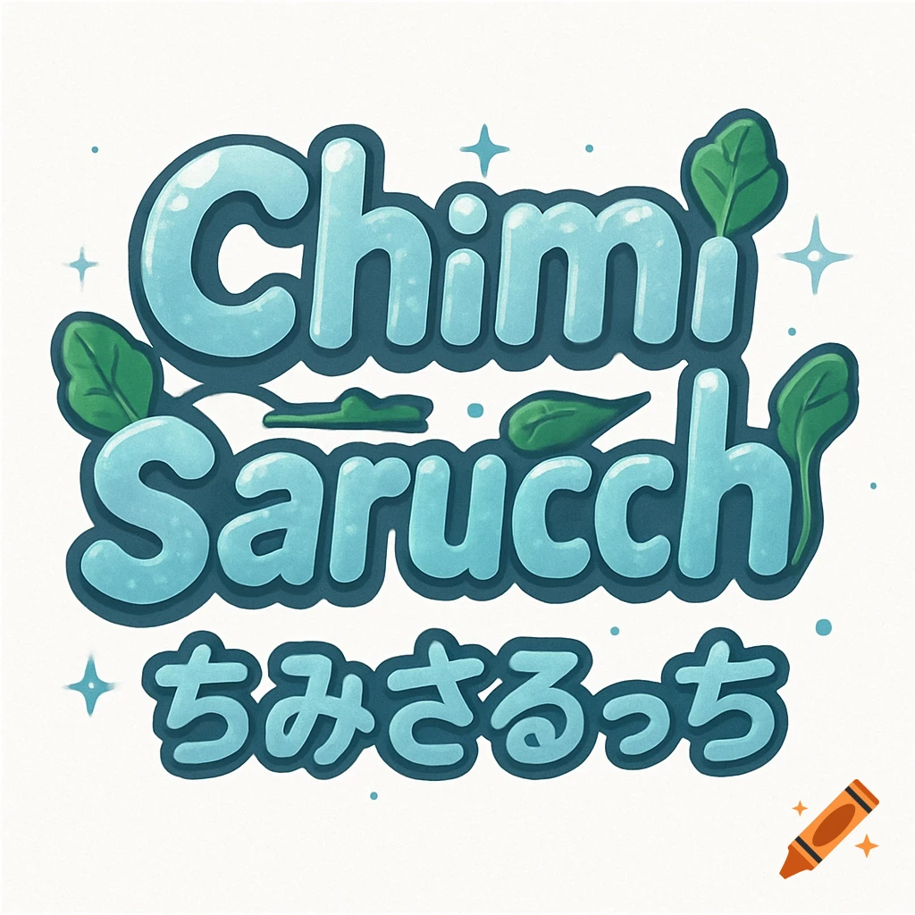 A logo featuring 'Chimi Sarucchi' in blue bubble font with Japanese text, spinach leaves, and sparkling accents.