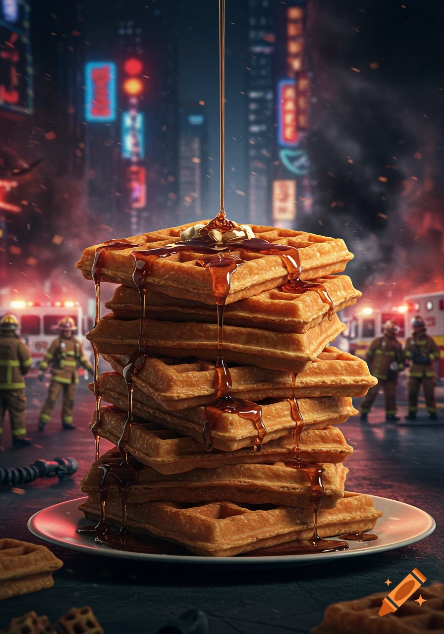 Epic stack of syrupy waffles with melting butter, against a dramatic city background with firefighters and emergency vehicles.