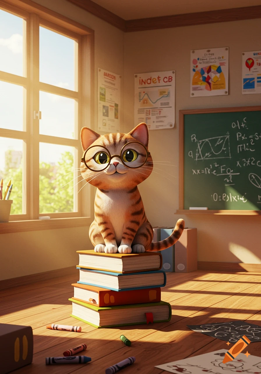 A cute, cartoon tabby cat wearing glasses sits on a stack of books in a sunlit classroom.