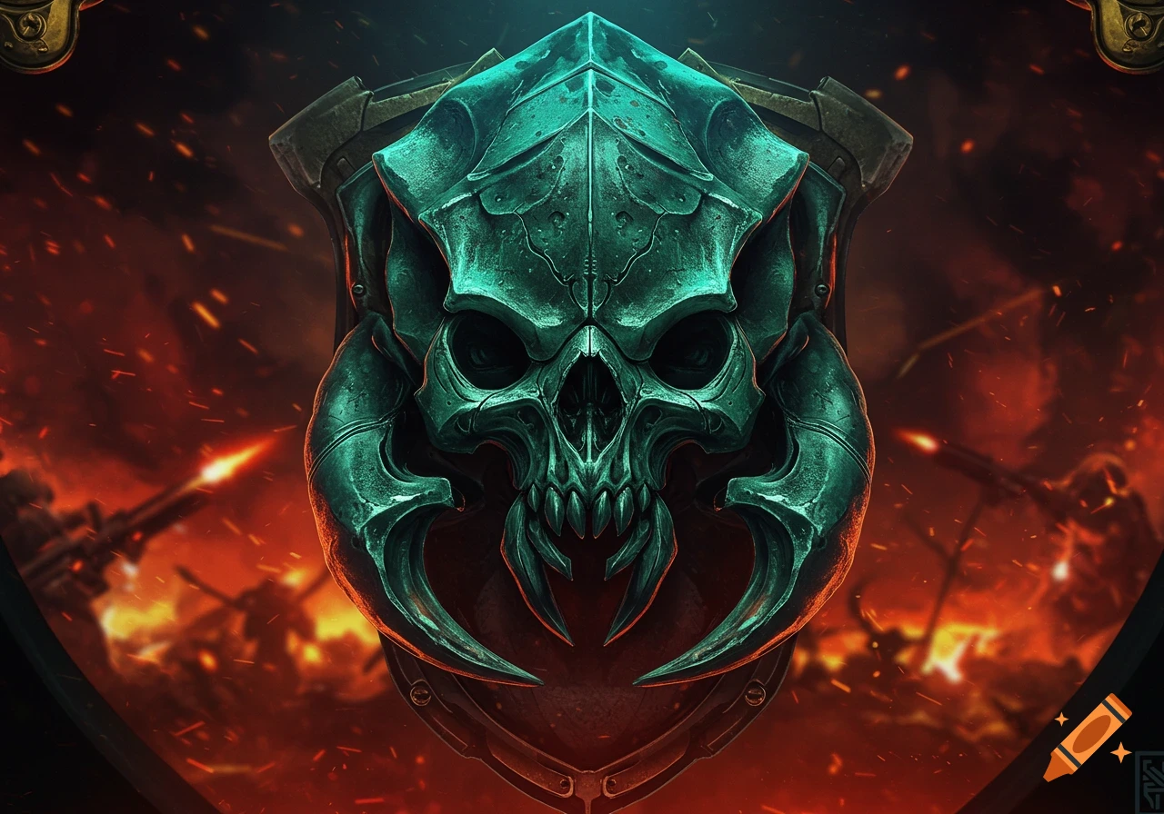 A metallic teal, stylized skull emblem against a fiery, chaotic battlefield background, reminiscent of a Helldivers 2 Terminid.