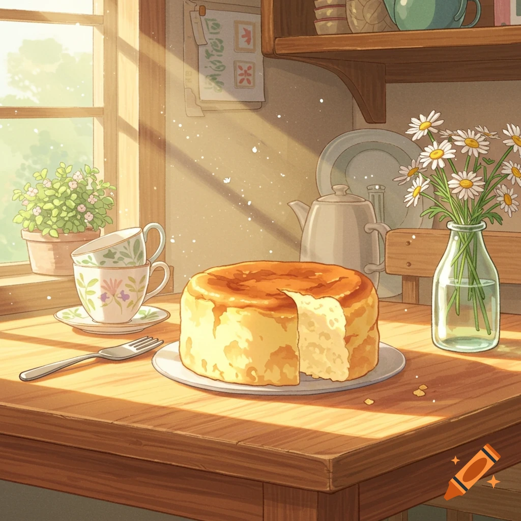 An anime illustration of a partially sliced Japanese cheesecake on a sunlit kitchen table with teacups and daisies.