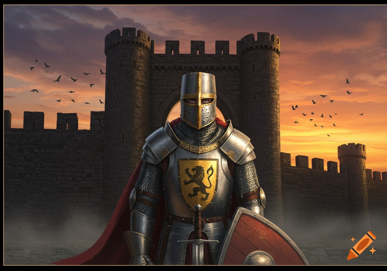 A knight in full silver armor with a red cape and a lion emblem shield stands before a stone castle at sunset with birds flying.