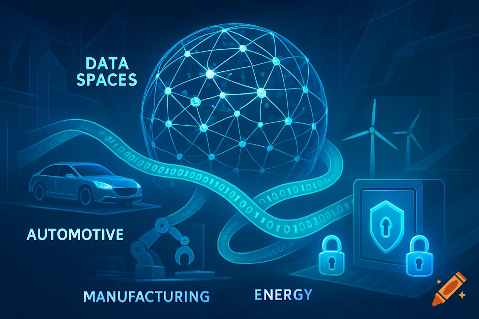 Blue digital illustration of a data network globe, car, robot arm, wind turbines, and security locks.