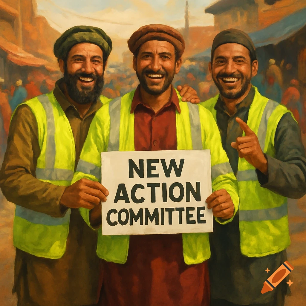 Three smiling Pakistani men in high-vis jackets hold a 'NEW ACTION COMMITTEE' sign, painterly style.